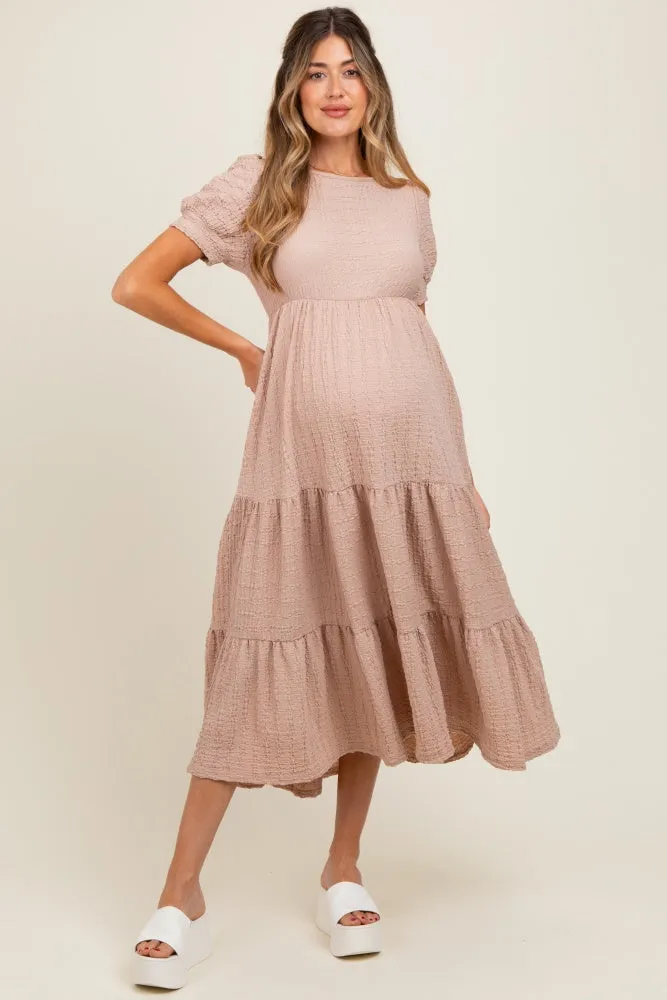 Mocha Solid Textured Tiered Shirt Sleeve Maternity Maxi Dress sold by Pinkblush product image thumbnail 2