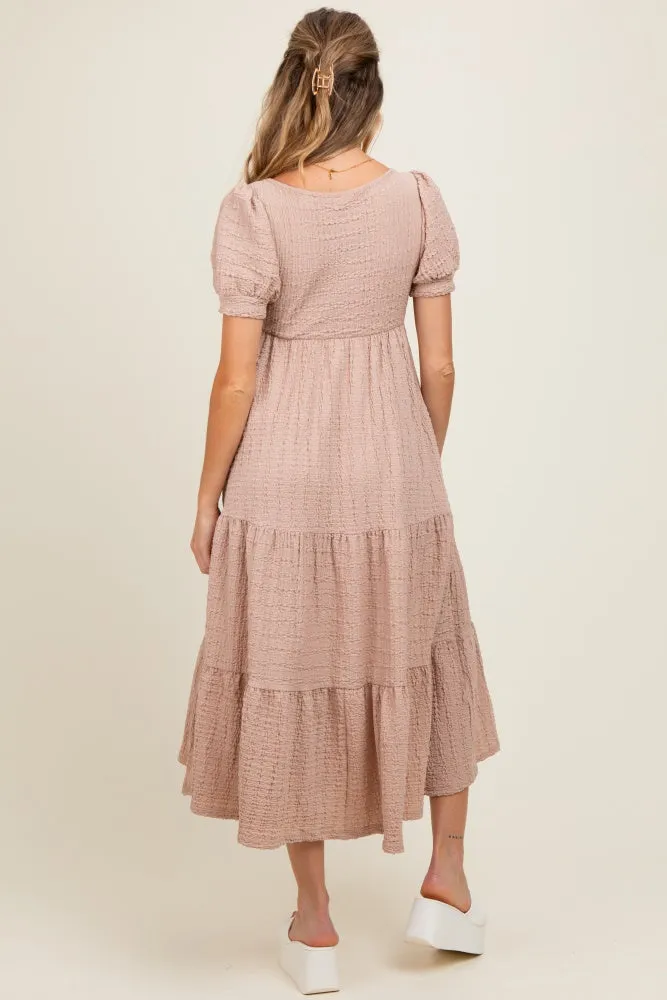 Mocha Solid Textured Tiered Shirt Sleeve Maternity Maxi Dress sold by Pinkblush product image thumbnail 3