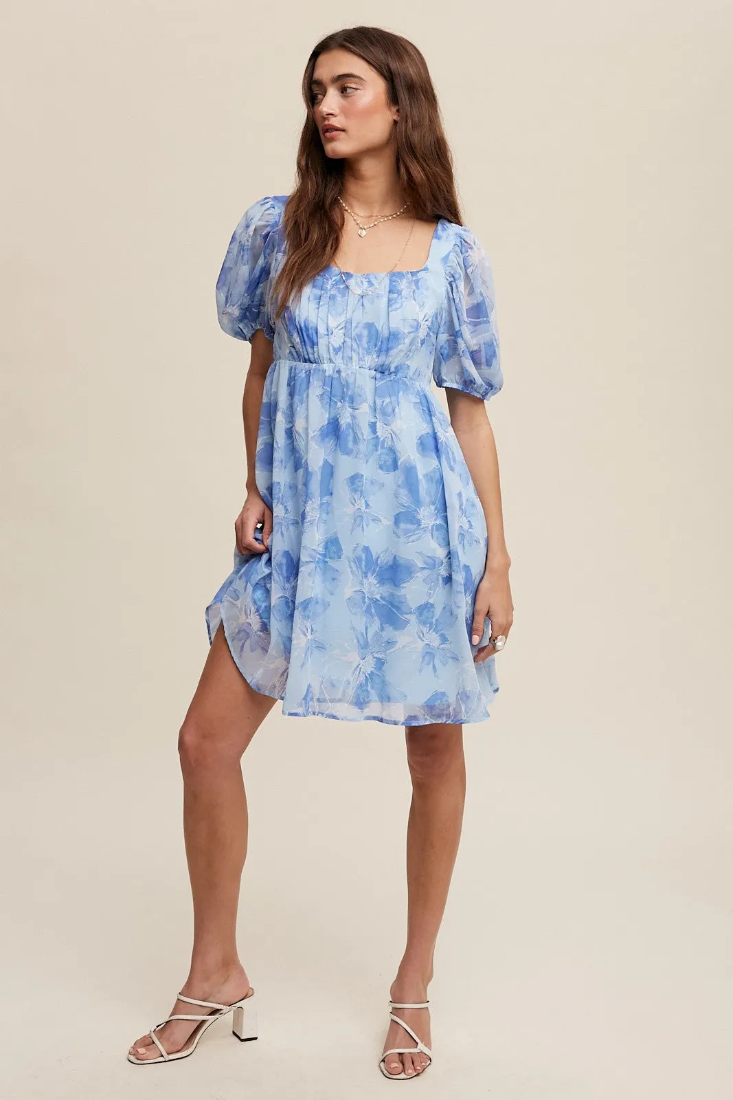 Blue Floral Puff Sleeve Mini Dress sold by Pinkblush product image thumbnail 4