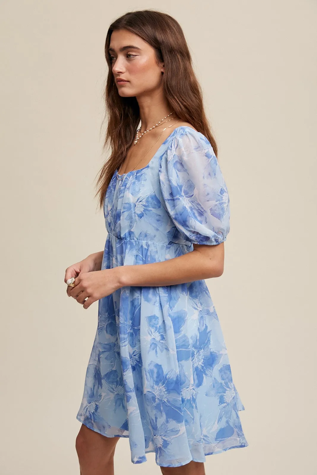 Blue Floral Puff Sleeve Mini Dress sold by Pinkblush product image thumbnail 2