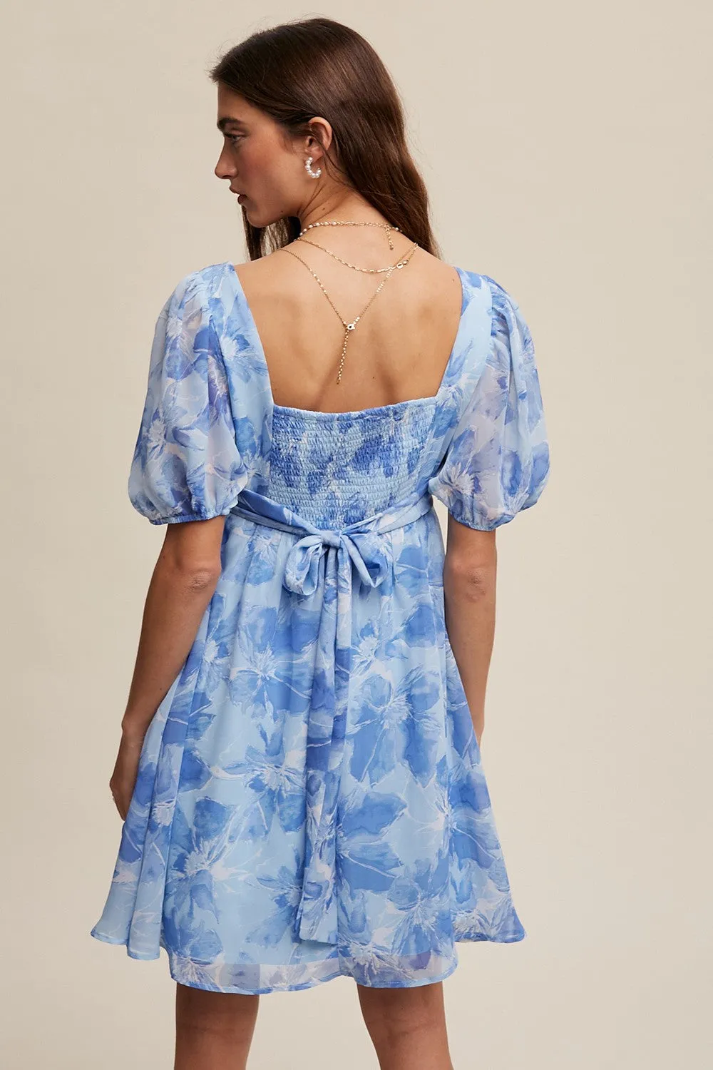 Blue Floral Puff Sleeve Mini Dress sold by Pinkblush product image thumbnail 3