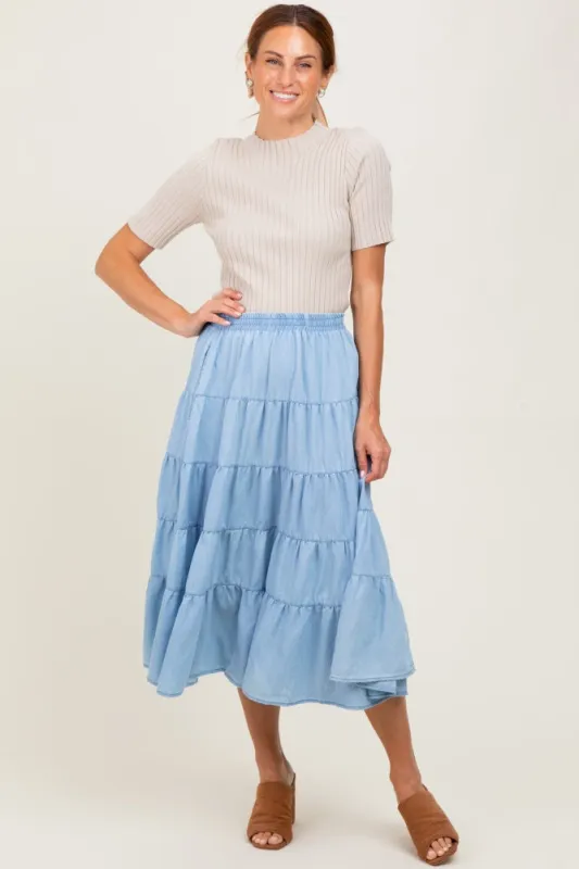 Light Blue Tiered Elastic Midi Skirt sold by Pinkblush