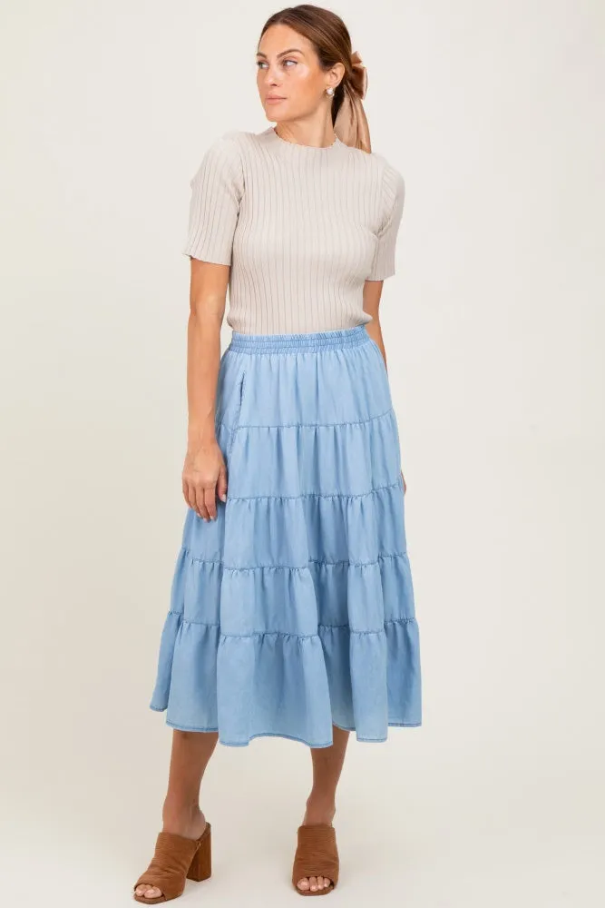 Light Blue Tiered Elastic Midi Skirt sold by Pinkblush product image thumbnail 2