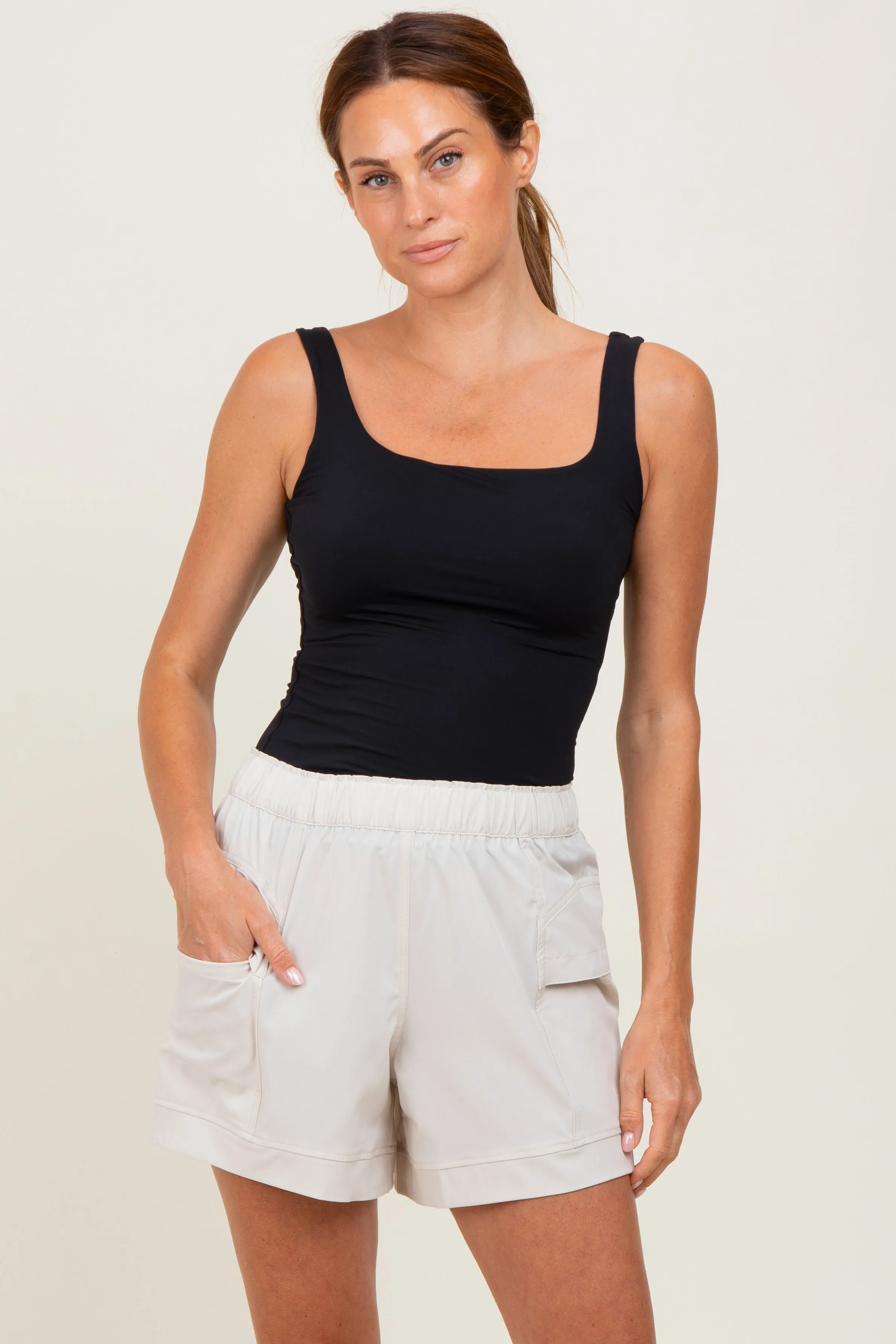 Cream Elastic Cargo Shorts sold by Pinkblush