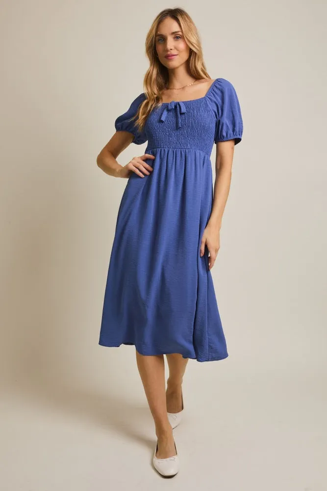Navy Blue Smocked Square Neck Bow Detail Midi Dress sold by Pinkblush