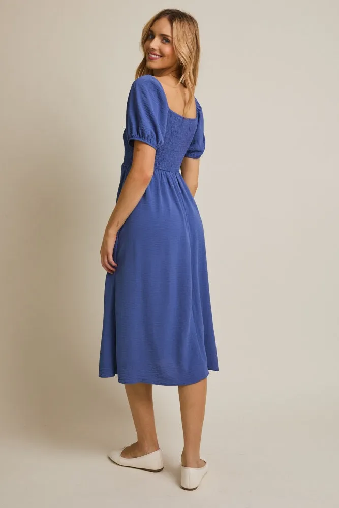 Navy Blue Smocked Square Neck Bow Detail Midi Dress sold by Pinkblush product image thumbnail 3