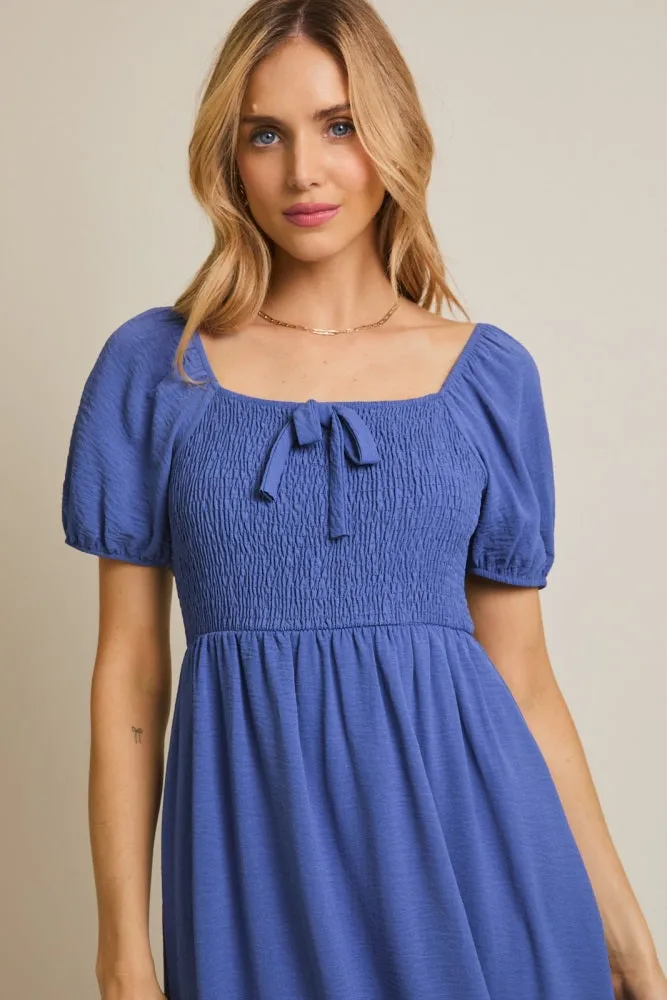 Navy Blue Smocked Square Neck Bow Detail Midi Dress sold by Pinkblush product image thumbnail 4