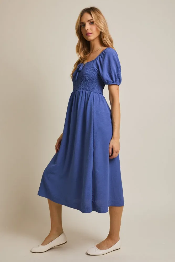 Navy Blue Smocked Square Neck Bow Detail Midi Dress sold by Pinkblush product image thumbnail 2