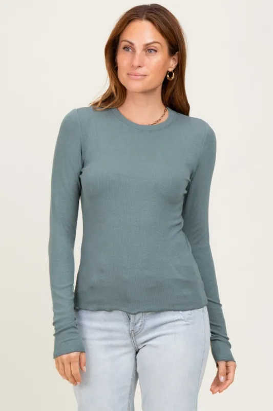 Deep Teal Basic Ribbed Knit Long Sleeve Top sold by Pinkblush