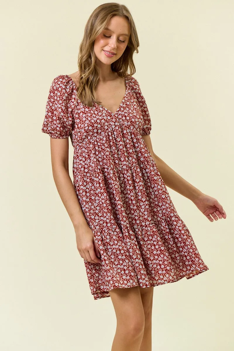 Rust Floral Tiered V-Neck Mini Dress sold by Pinkblush