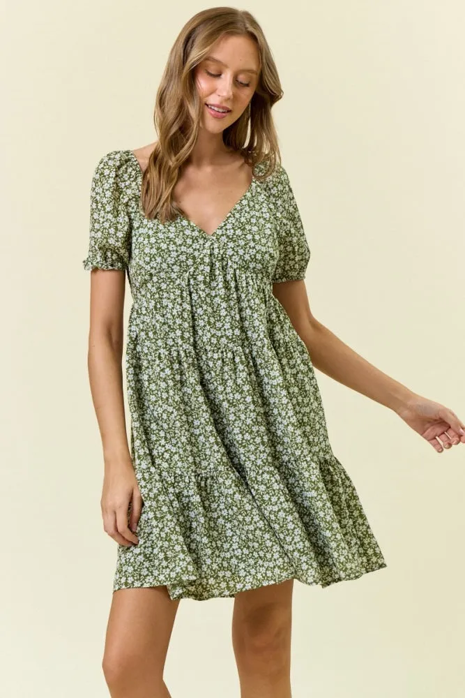 Light Olive Floral Tiered V-Neck Mini Dress sold by Pinkblush
