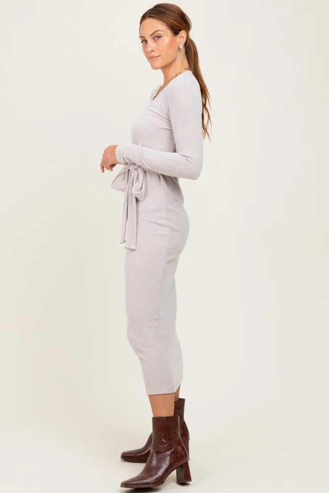 Beige Solid Brushed Rib Long Sleeve V-Neck Fitted Midi Dress sold by Pinkblush product image thumbnail 3
