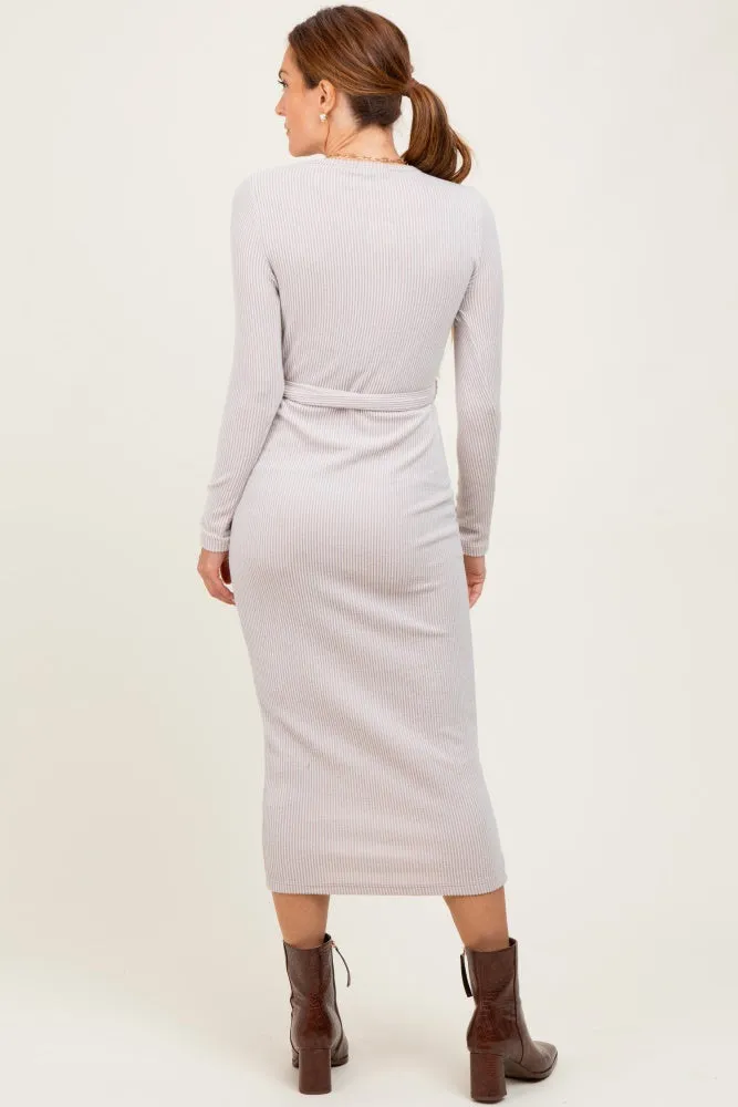 Beige Solid Brushed Rib Long Sleeve V-Neck Fitted Midi Dress sold by Pinkblush product image thumbnail 4