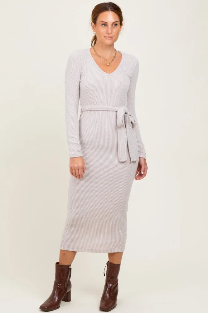 Beige Solid Brushed Rib Long Sleeve V-Neck Fitted Midi Dress sold by Pinkblush
