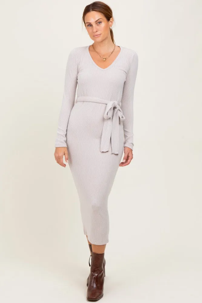 Beige Solid Brushed Rib Long Sleeve V-Neck Fitted Midi Dress sold by Pinkblush product image thumbnail 2