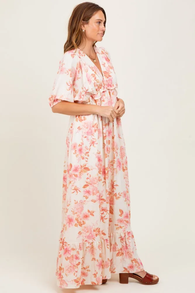 Pink Floral Printed Elbow Sleeve V-Neck Tiered Maxi Dress sold by Pinkblush product image thumbnail 3