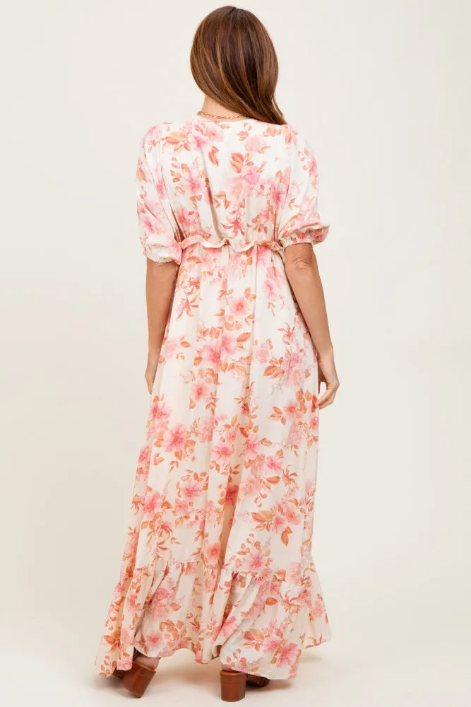 Pink Floral Printed Elbow Sleeve V-Neck Tiered Maxi Dress sold by Pinkblush product image thumbnail 4