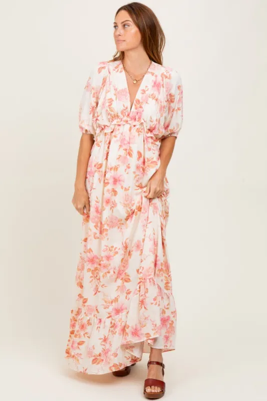 Pink Floral Printed Elbow Sleeve V-Neck Tiered Maxi Dress sold by Pinkblush