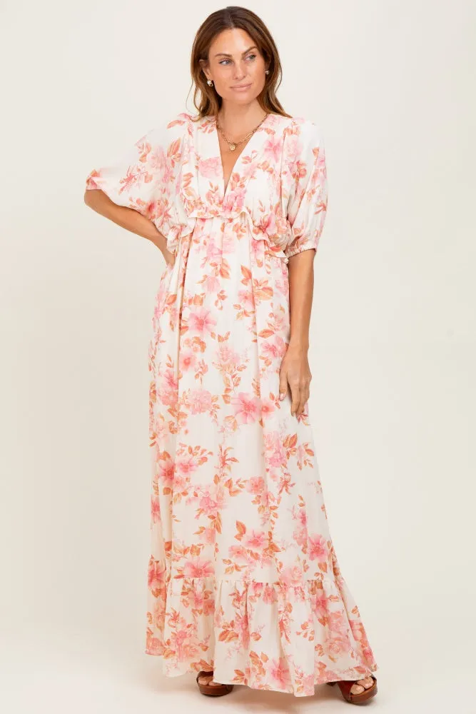 Pink Floral Printed Elbow Sleeve V-Neck Tiered Maxi Dress sold by Pinkblush product image thumbnail 2