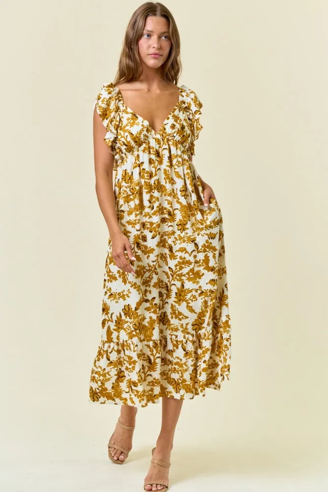 Yellow Floral V-Neck Flutter Sleeve Midi Dress sold by Pinkblush