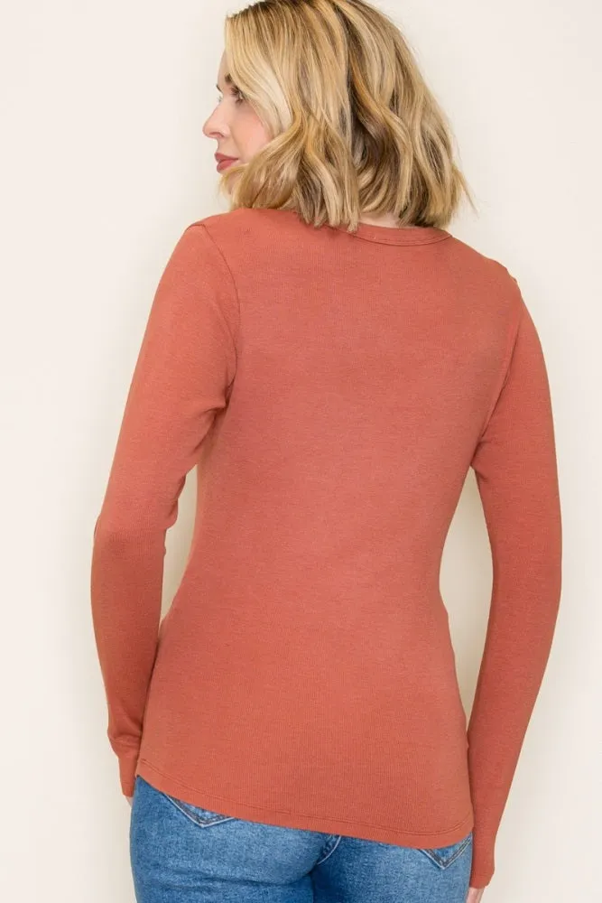 Rust Fine Rib V-Neck Long Sleeve Top sold by Pinkblush product image thumbnail 5