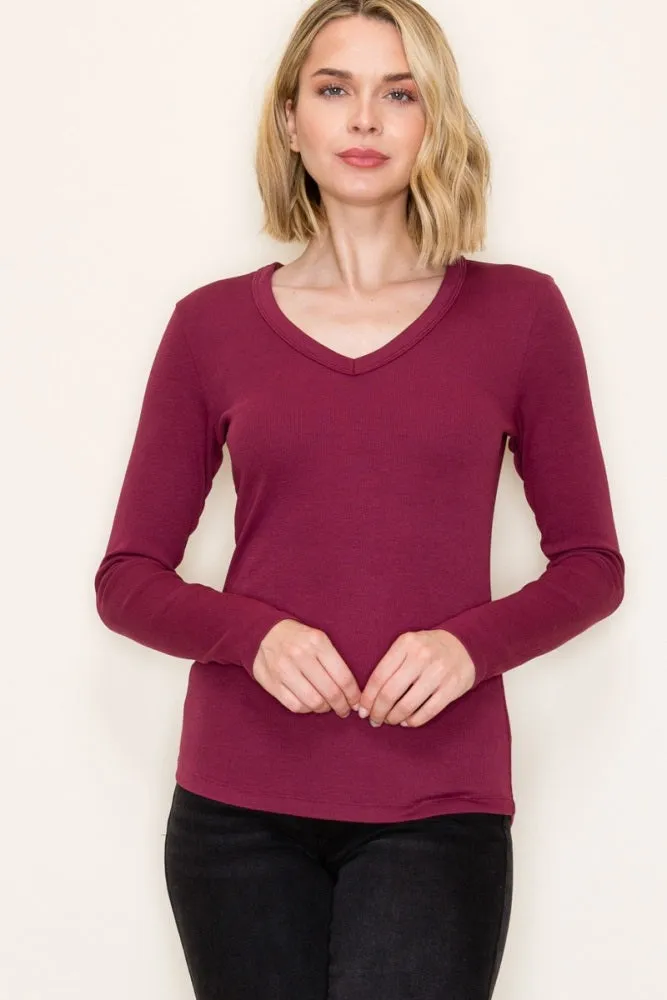 Burgundy Fine Rib V-Neck Long Sleeve Top sold by Pinkblush product image thumbnail 3