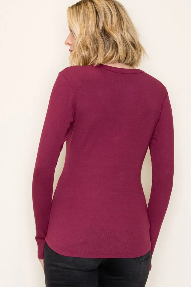 Burgundy Fine Rib V-Neck Long Sleeve Top sold by Pinkblush product image thumbnail 4