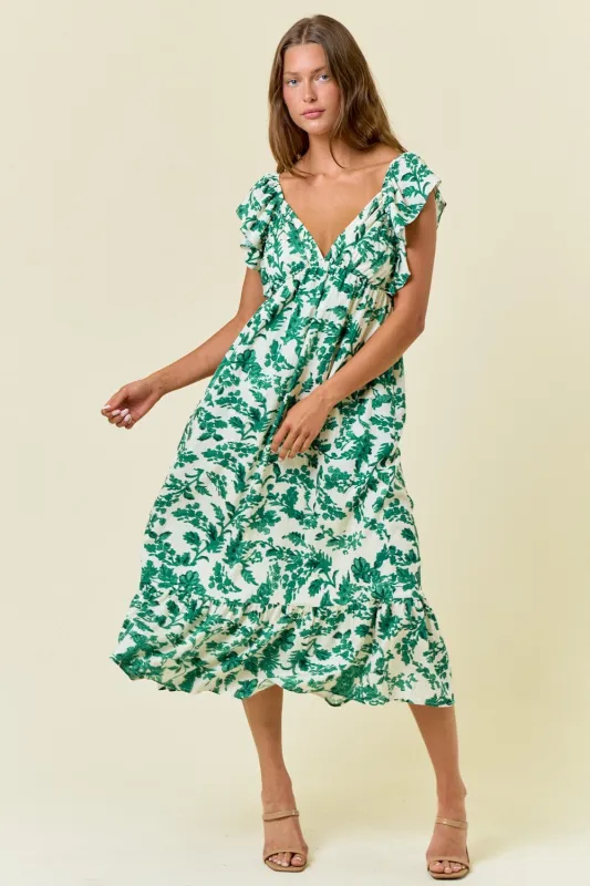 Green Floral V-Neck Flutter Sleeve Midi Dress sold by Pinkblush