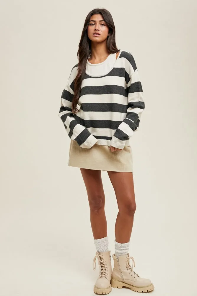 Charcoal Faux Layer Striped Knit Sweater sold by Pinkblush product image thumbnail 4