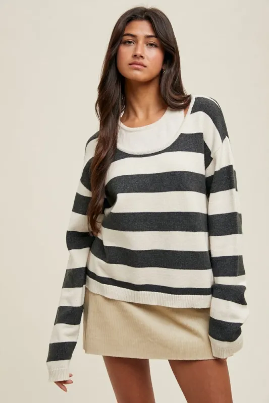 Charcoal Faux Layer Striped Knit Sweater sold by Pinkblush