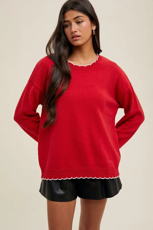 Red Contrast Scallop Trim Sweater sold by Pinkblush