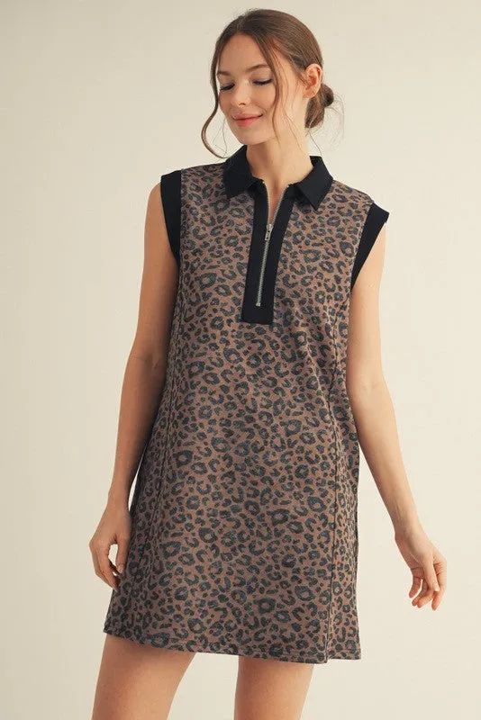 Brown Animal Print Front Zip Sleeveless Dress sold by Pinkblush