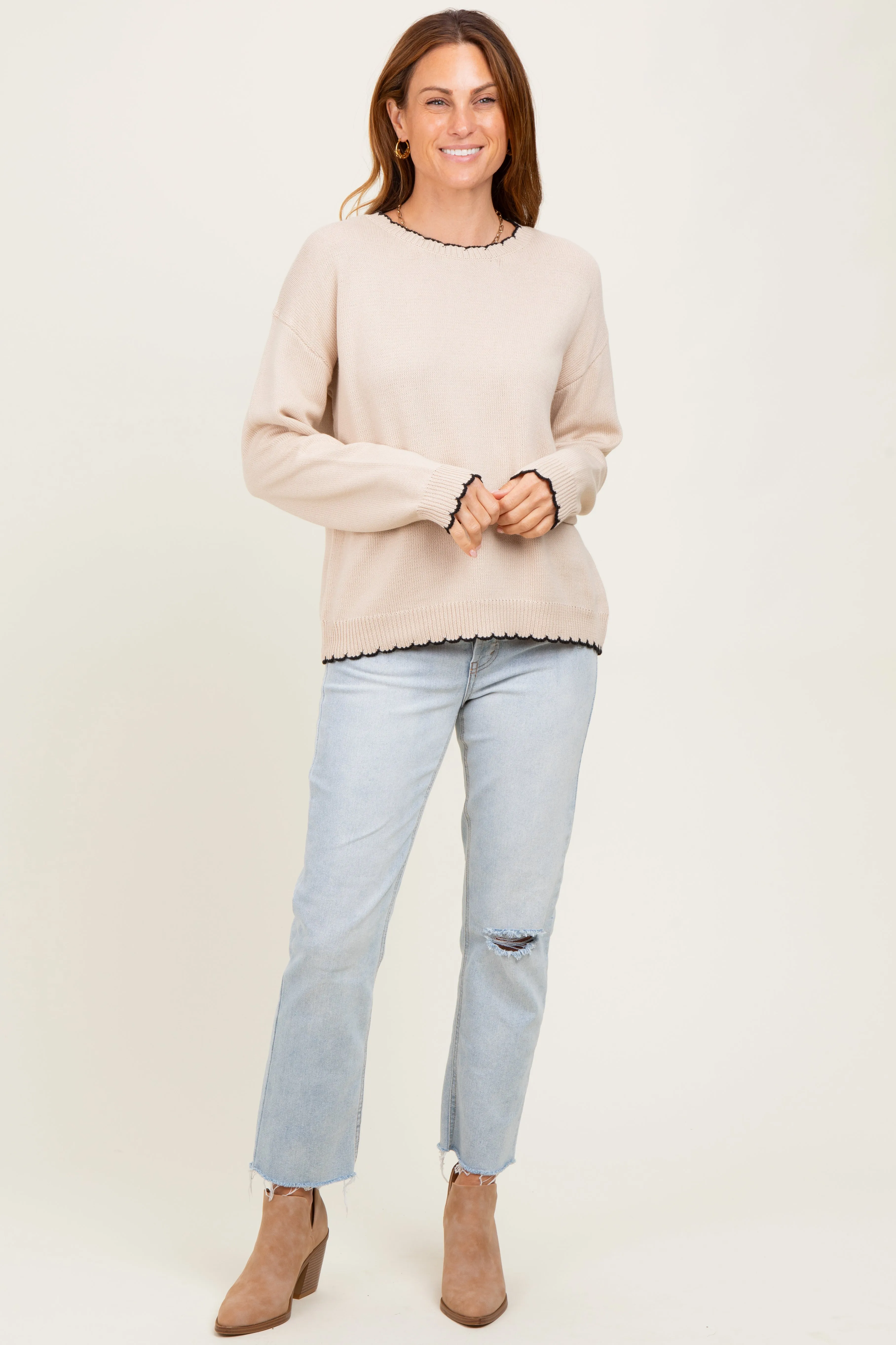 Taupe Contrast Scallop Trim Sweater sold by Pinkblush product image thumbnail 2