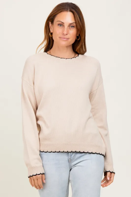 Taupe Contrast Scallop Trim Sweater sold by Pinkblush