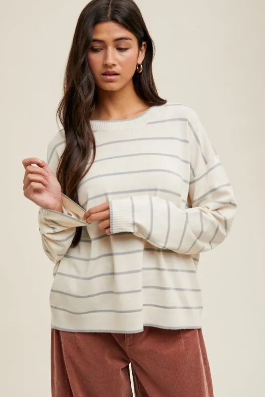 Cream Striped Drop Shoulder Sweater sold by Pinkblush