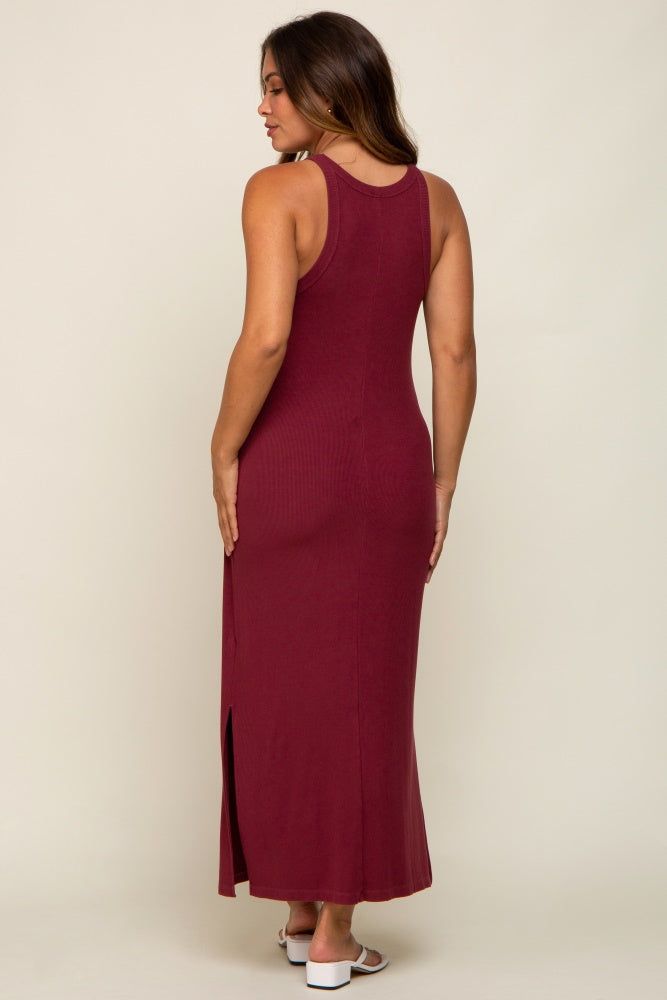 Burgundy Sleeveless Ribbed Side Slit Maternity Maxi Dress sold by Pinkblush product image thumbnail 3
