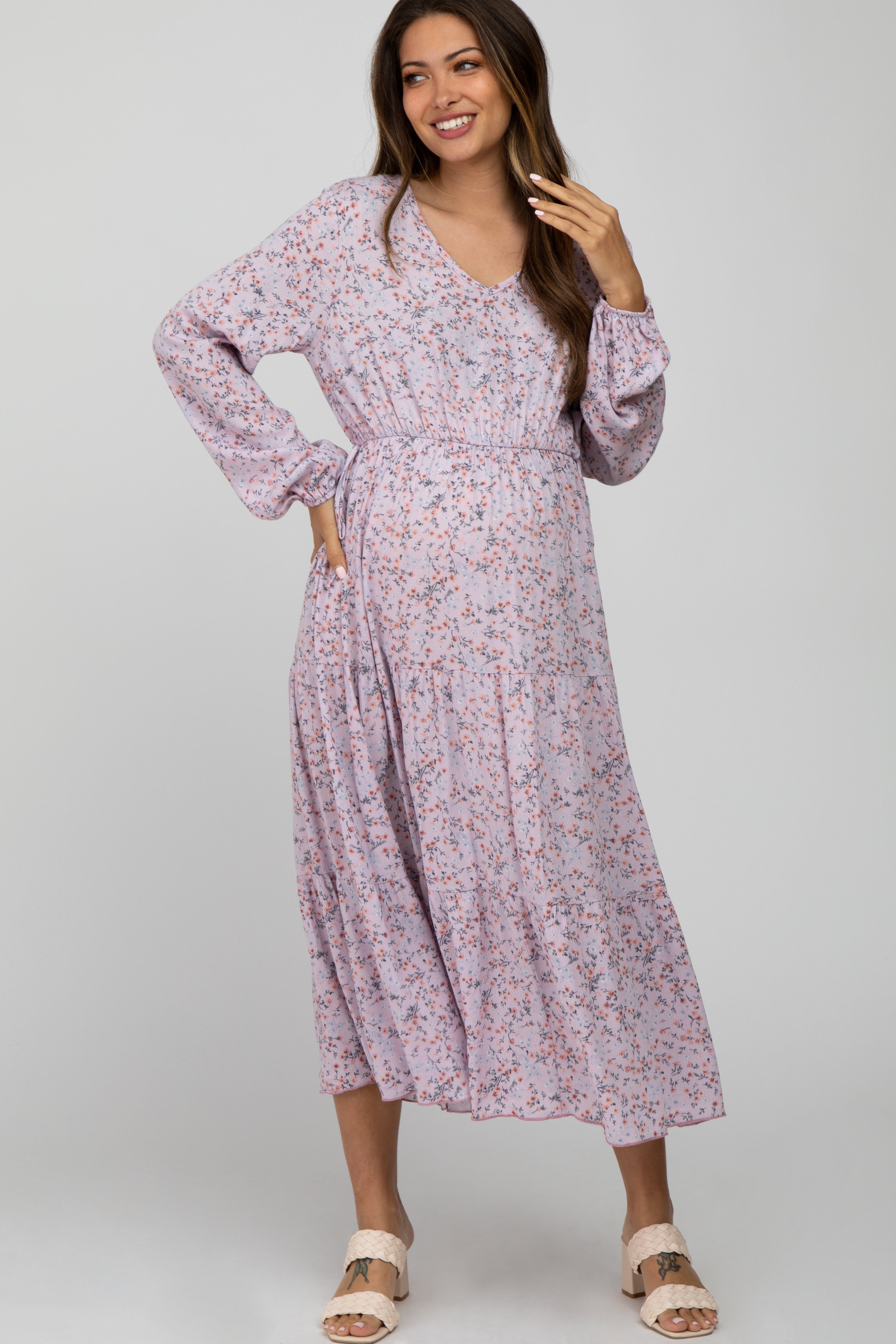 Lavender Floral Side Tie Maternity Midi Dress sold by Pinkblush product image thumbnail 2