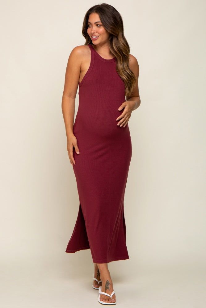 Burgundy Sleeveless Ribbed Side Slit Maternity Maxi Dress sold by Pinkblush