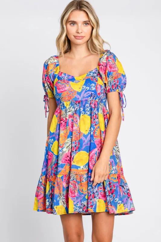 Blue Fruit Print Sweetheart Neck Dress sold by Pinkblush