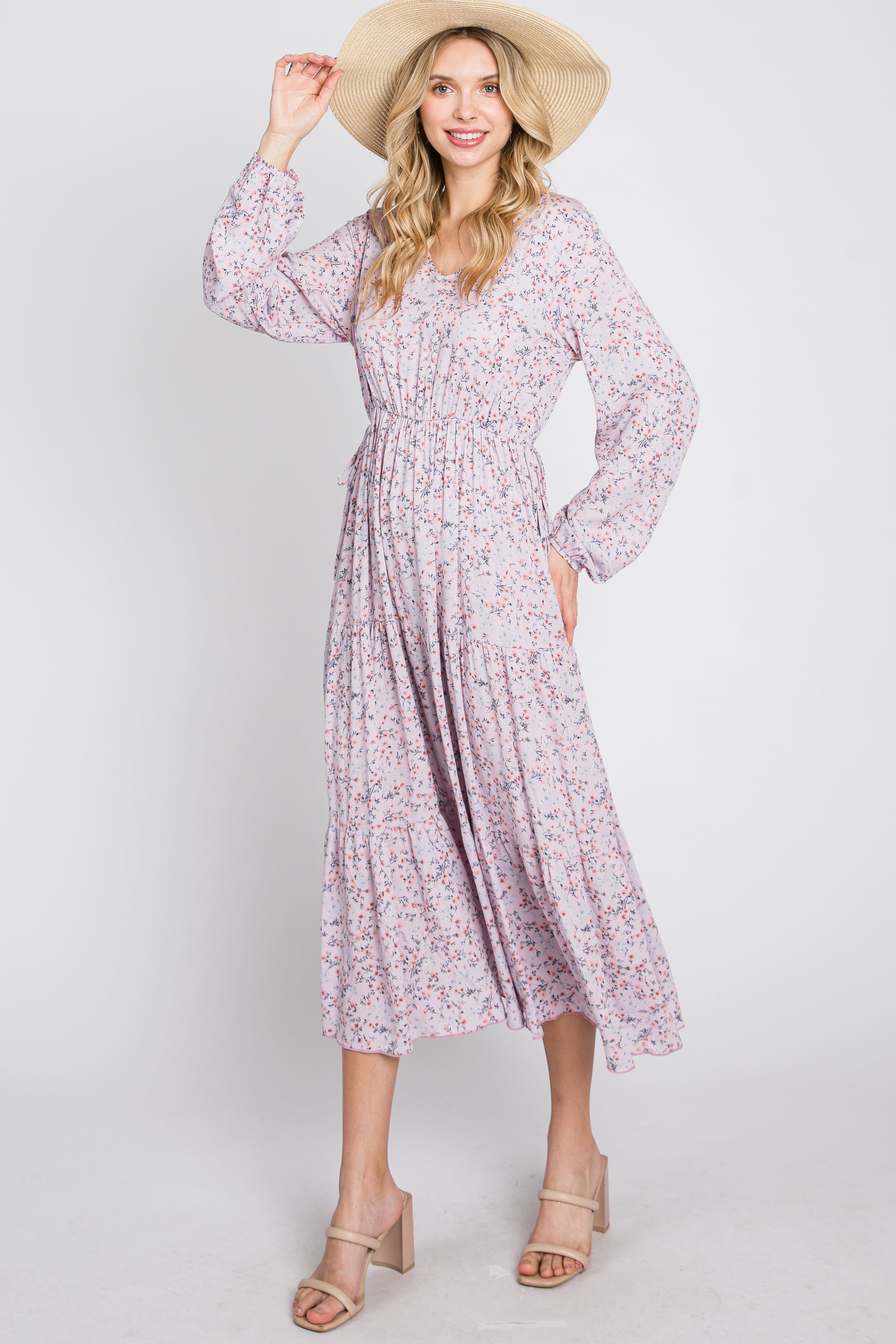 Lavender Floral Side Tie Maternity Midi Dress sold by Pinkblush product image thumbnail 6