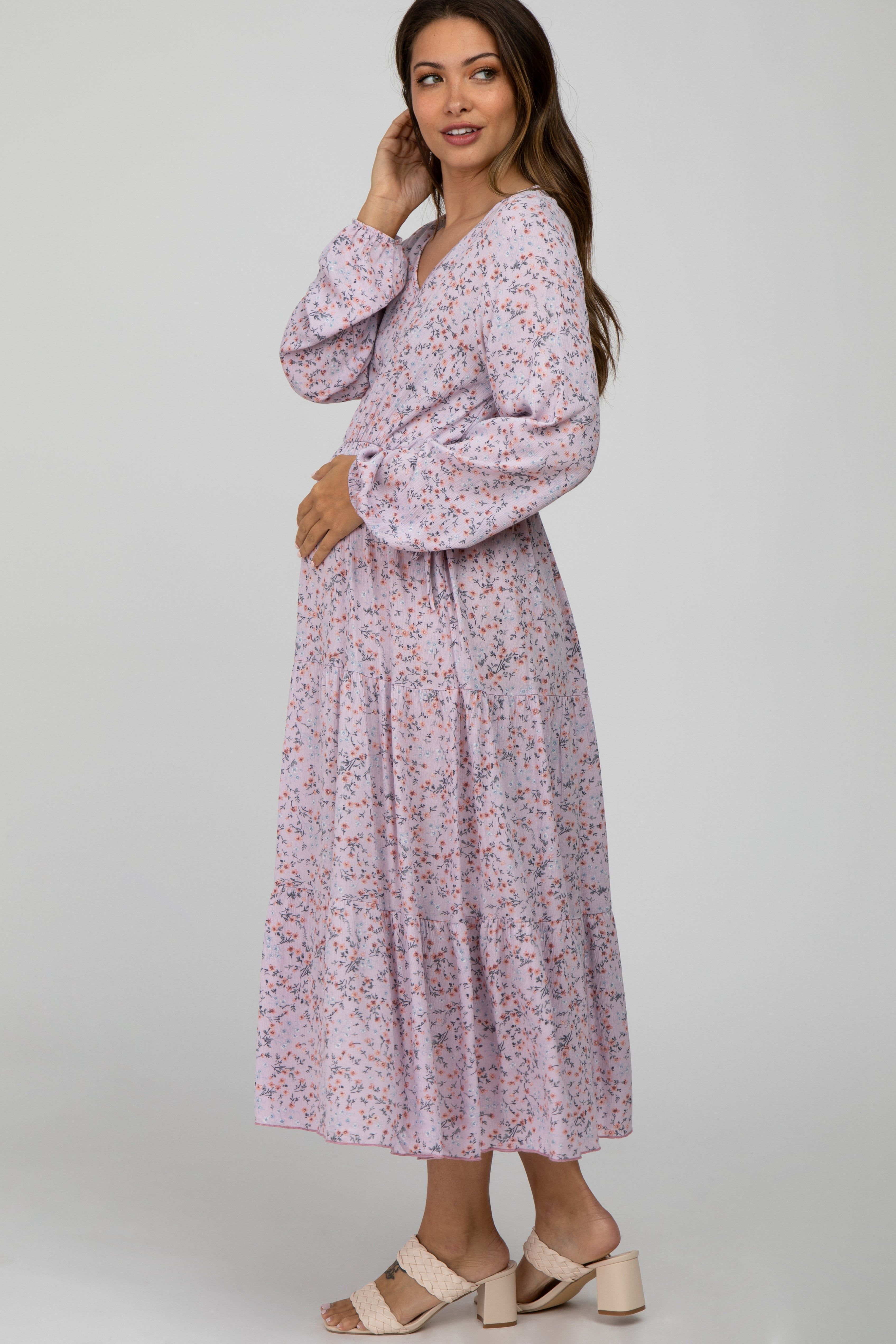 Lavender Floral Side Tie Maternity Midi Dress sold by Pinkblush product image thumbnail 3