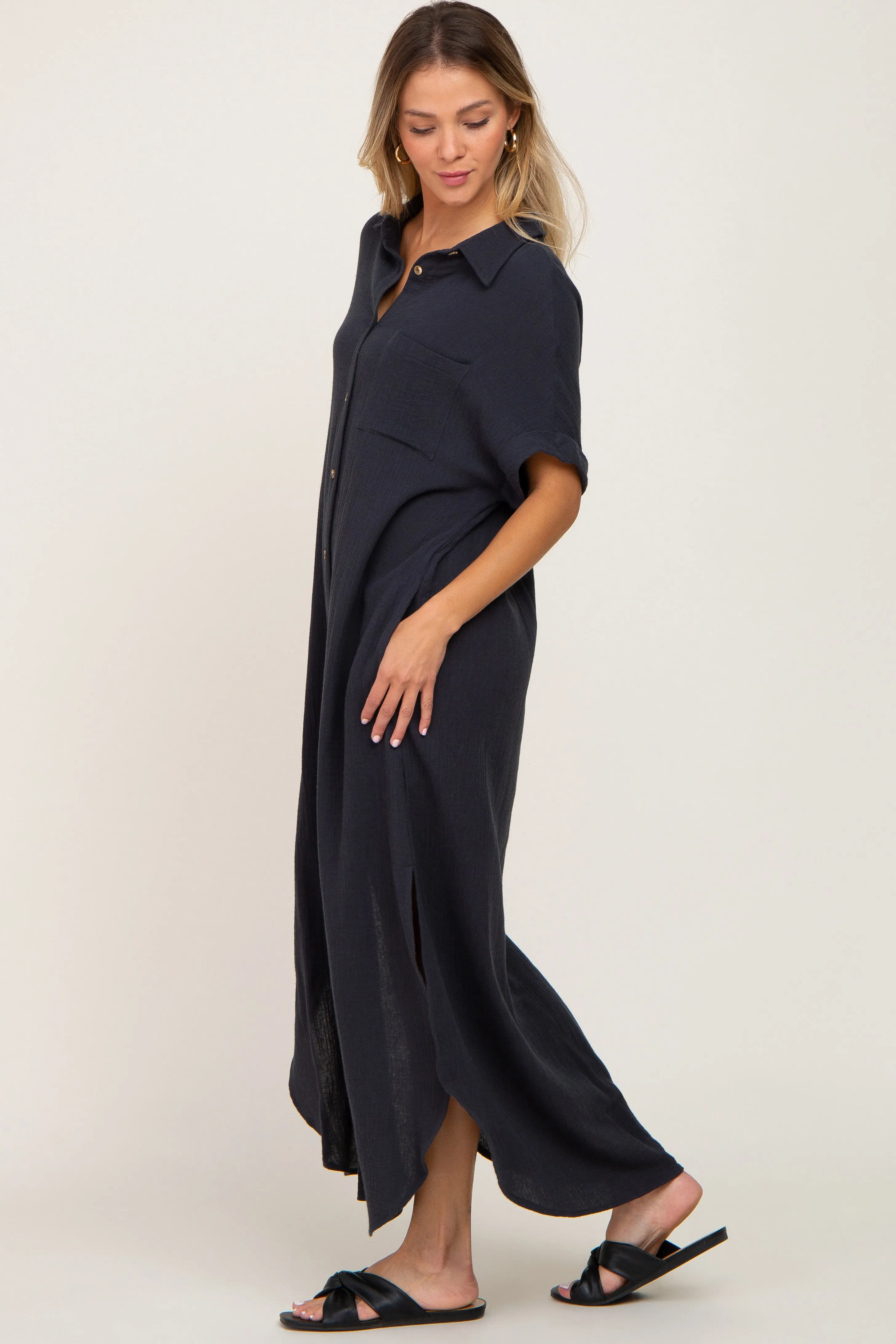 Charcoal Button Down Midi Dress sold by Pinkblush product image thumbnail 2