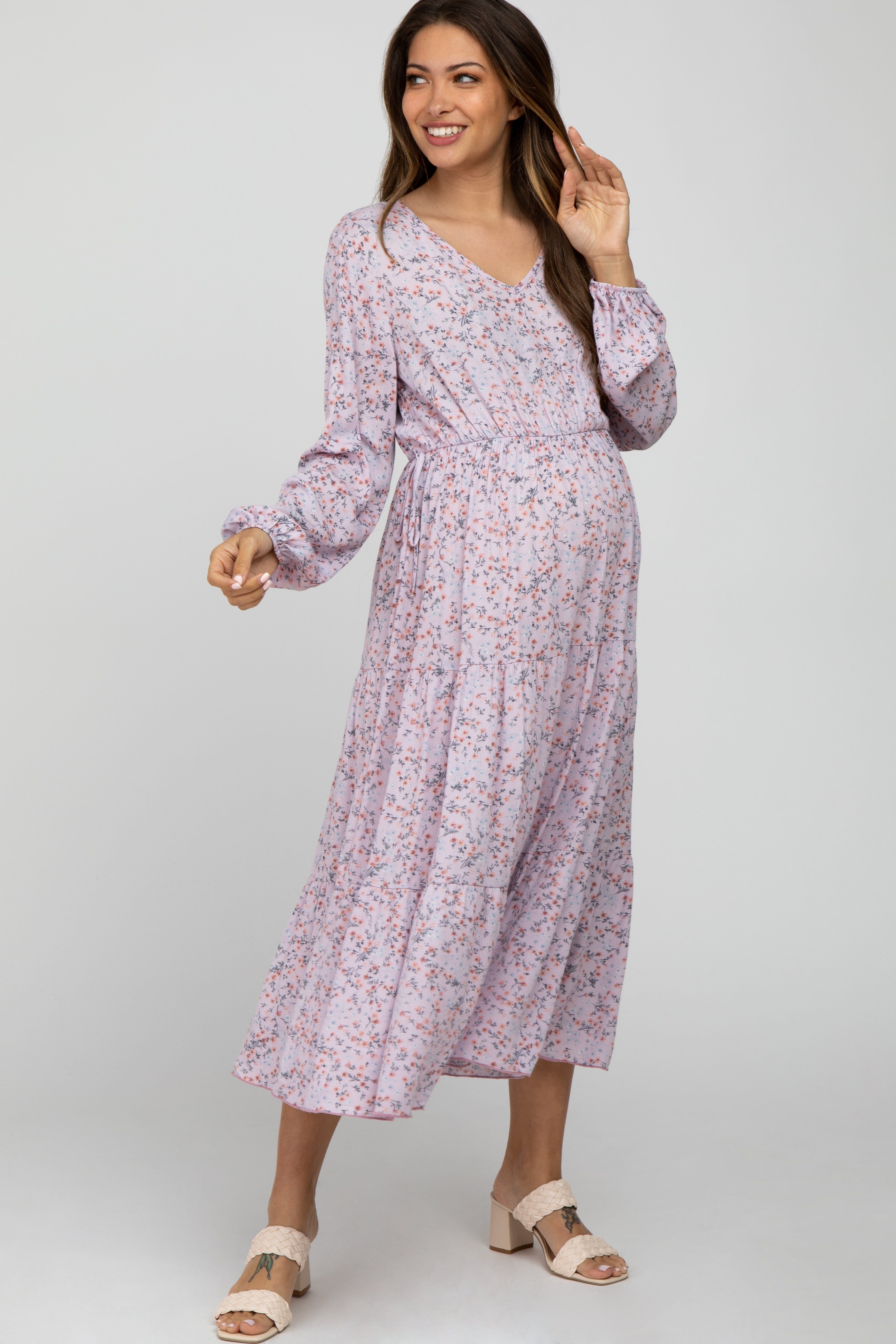 Lavender Floral Side Tie Maternity Midi Dress sold by Pinkblush