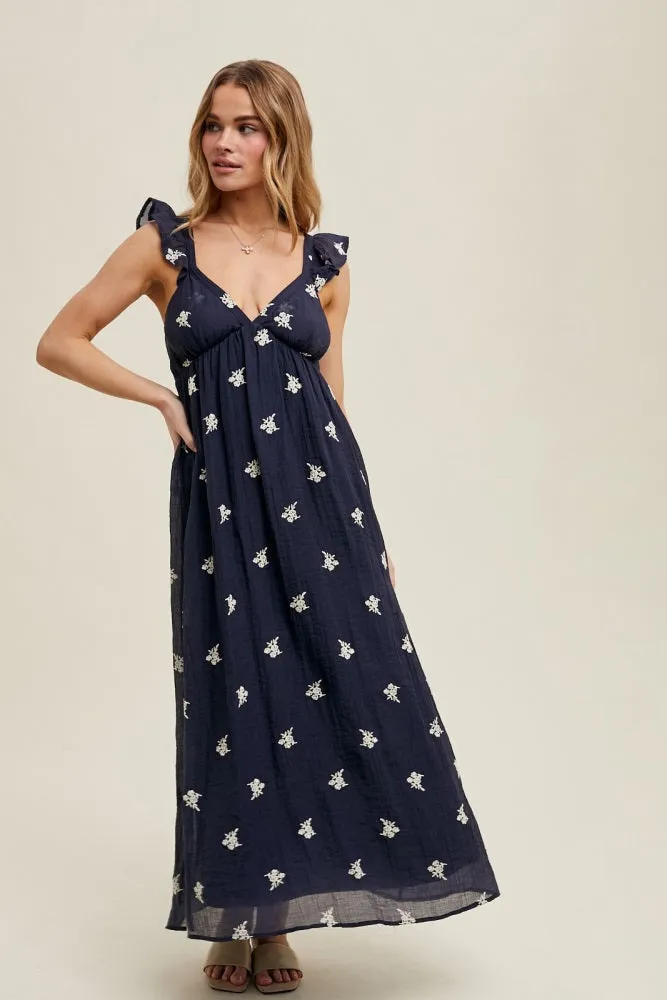 Navy Floral Embroidered V-Neck Midi Dress sold by Pinkblush product image thumbnail 2