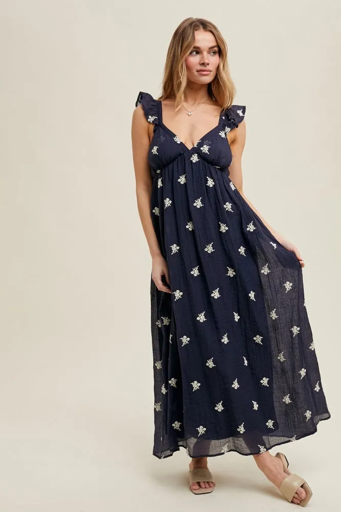 Navy Floral Embroidered V-Neck Midi Dress sold by Pinkblush
