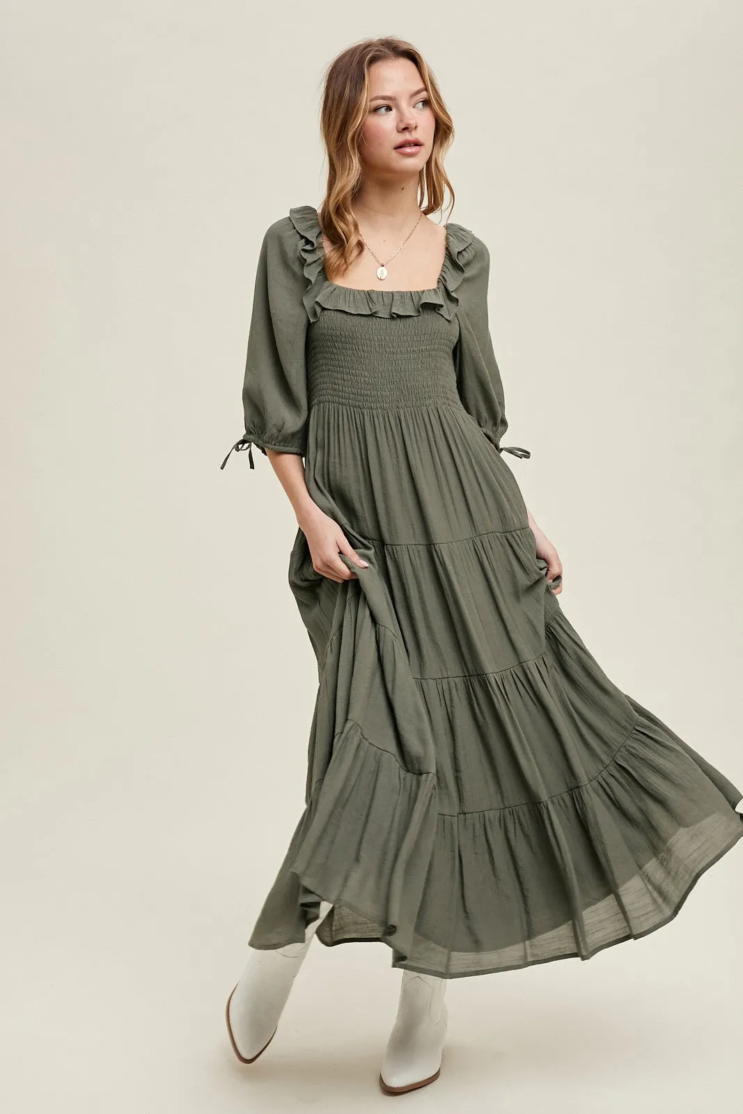 Olive Smocked Ruffle Detail Tiered Midi Dress sold by Pinkblush product image thumbnail 2