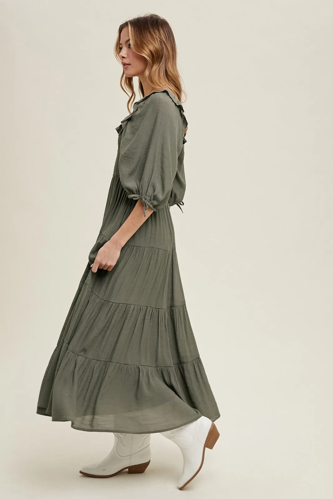 Olive Smocked Ruffle Detail Tiered Midi Dress sold by Pinkblush product image thumbnail 3