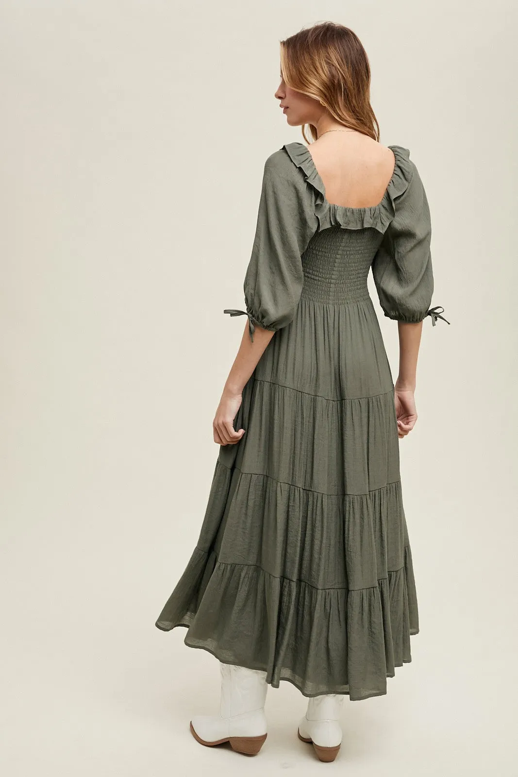 Olive Smocked Ruffle Detail Tiered Midi Dress sold by Pinkblush product image thumbnail 4