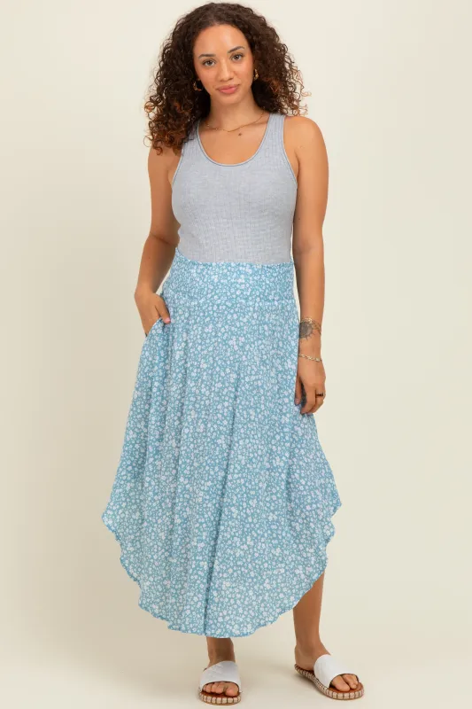 Blue Floral Smocked Waist Round Hem Maternity Midi Skirt sold by Pinkblush