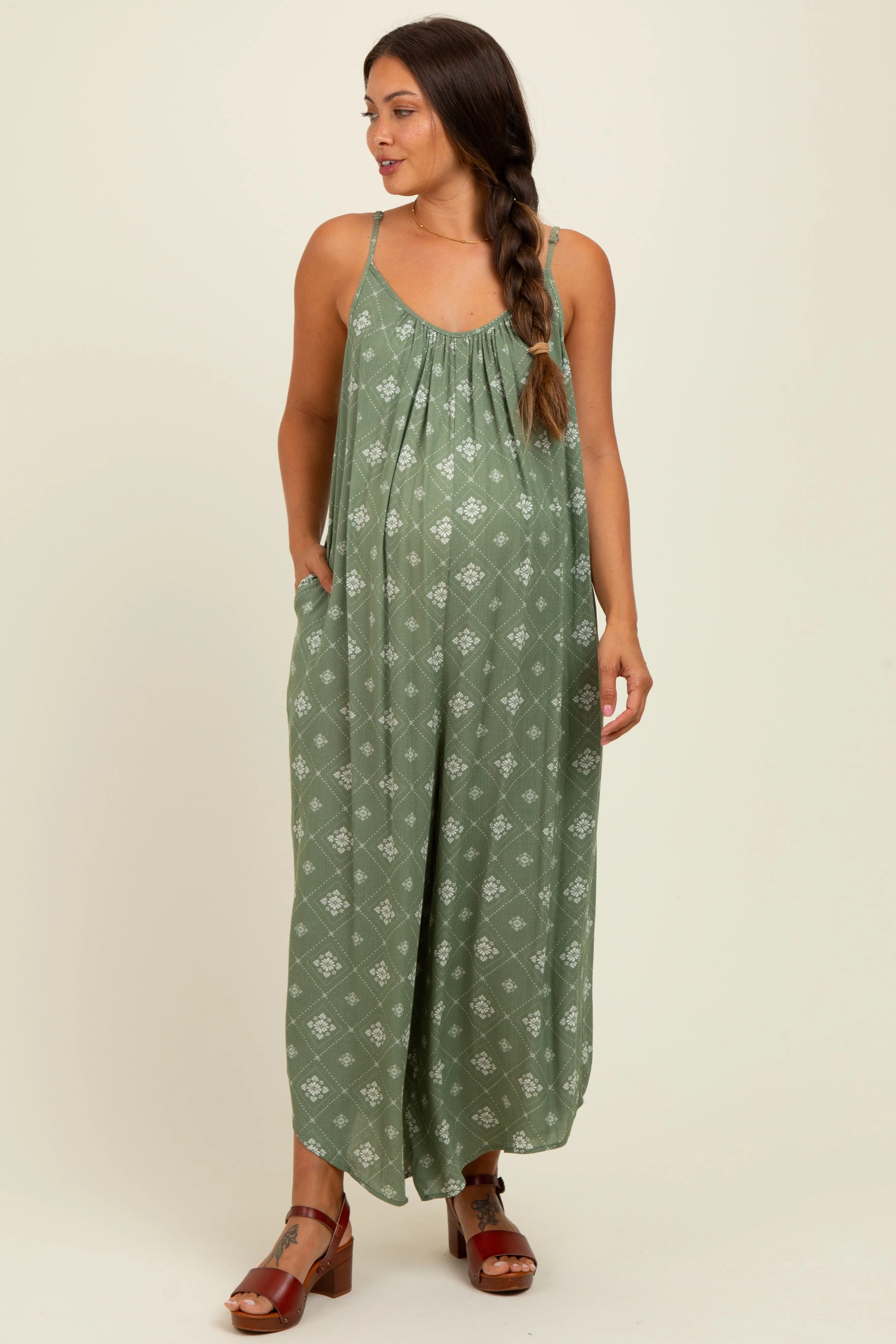 Olive Tile Mosaic Printed Cami Maternity Jumpsuit sold by Pinkblush